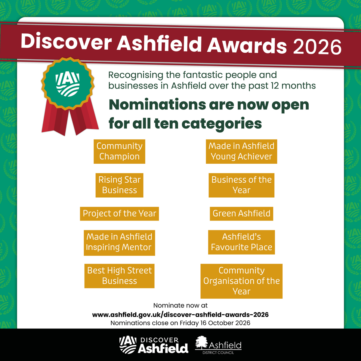Nominations open for the Discover Ashfield Awards 2026